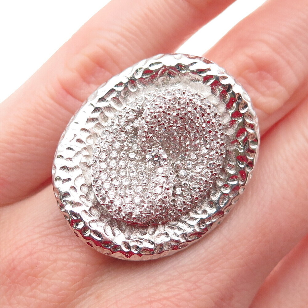 925 Sterling Silver Round-Cut C Z Modernist Hammered Statement Ring Size 6